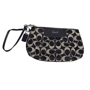 Coach Signature C Monogram Wristlet Black Grey Canvas Leather Zip Clutch Bag